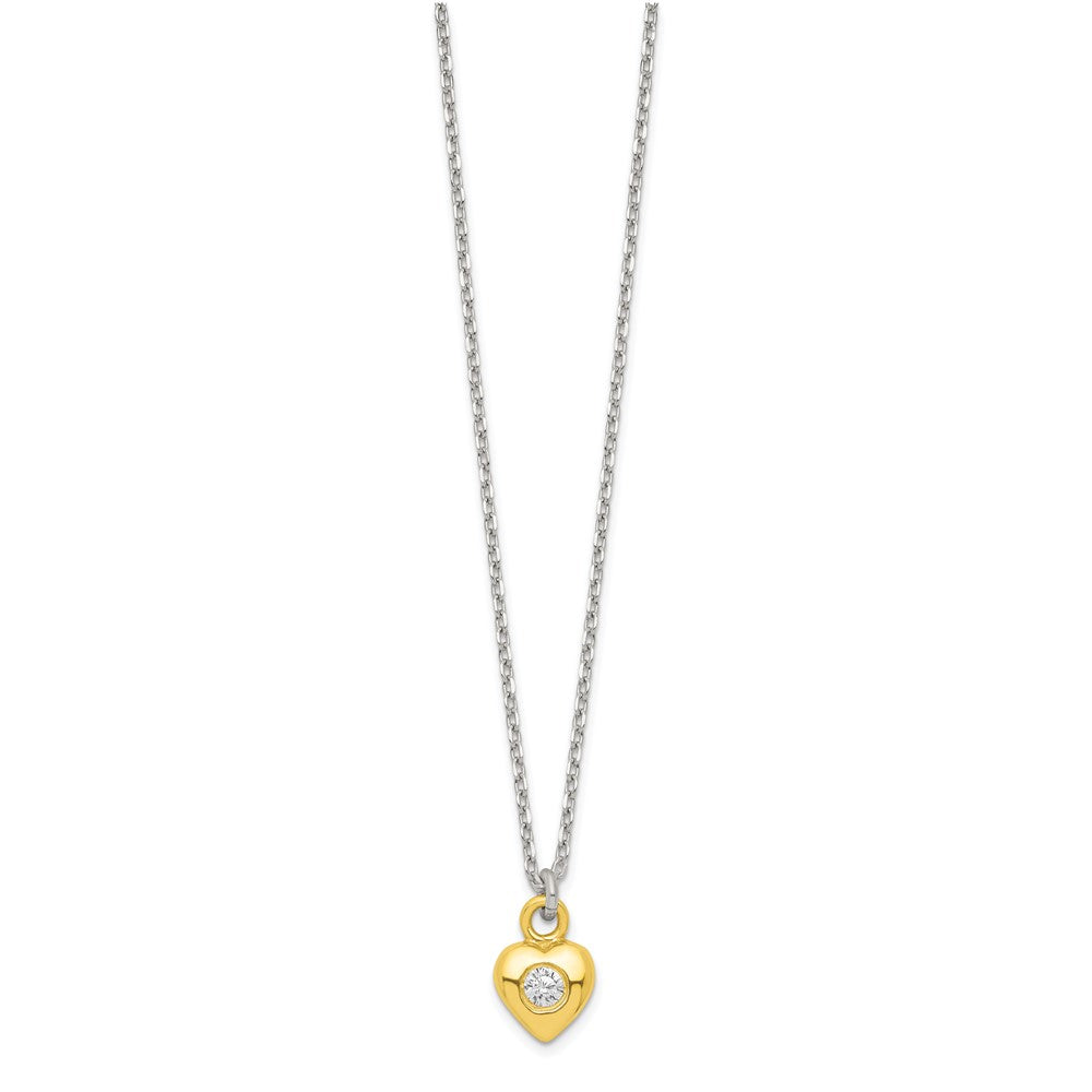SS & Gold-tone CZ Heart Children's 14in Necklace & Post Earrings Set