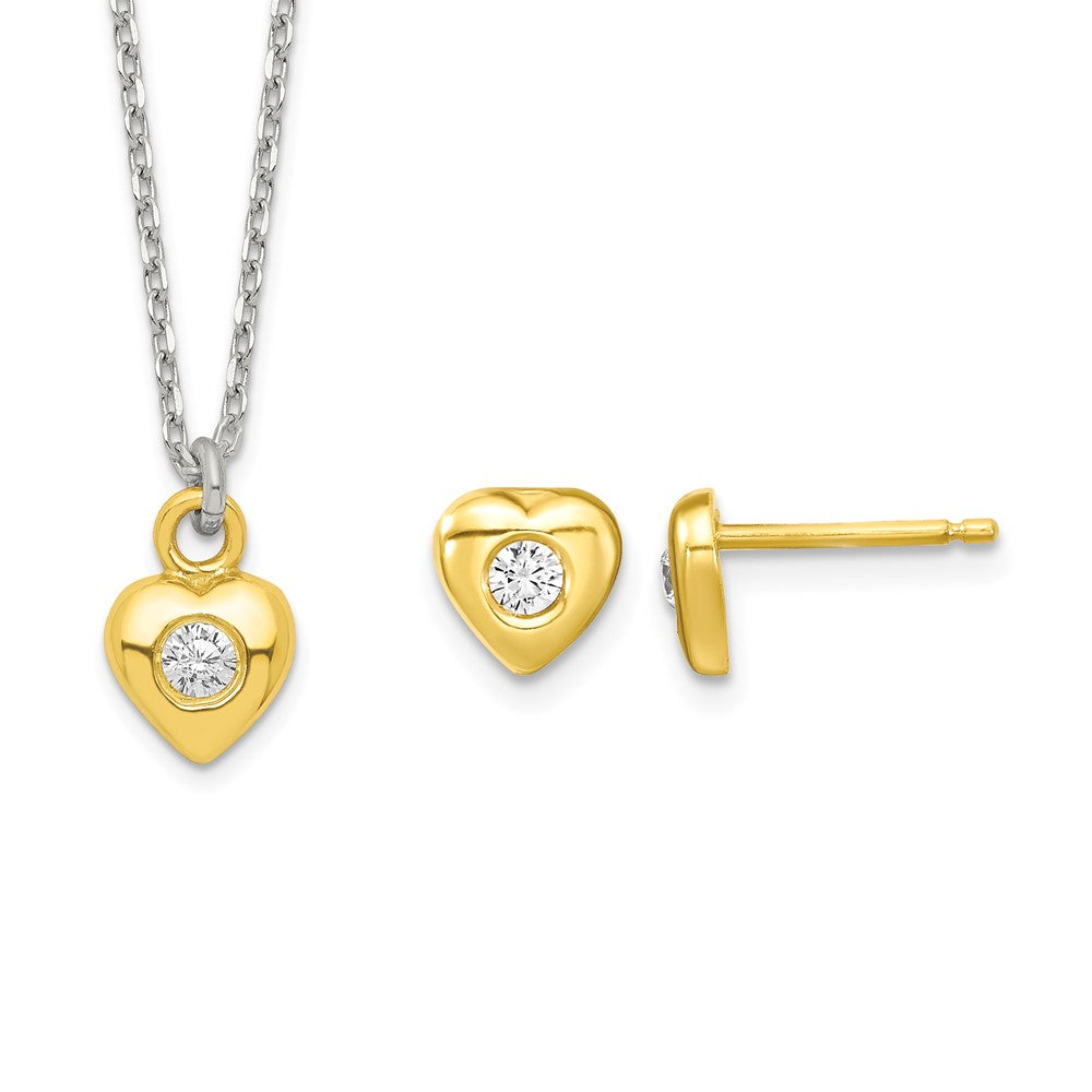 SS & Gold-tone CZ Heart Children's 14in Necklace & Post Earrings Set