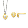 SS & Gold-tone CZ Heart Children's 14in Necklace & Post Earrings Set