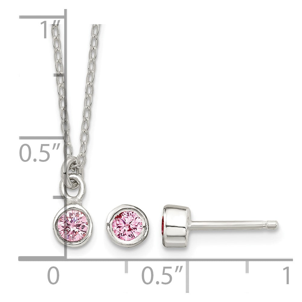 Sterling Silver Pink Bezel CZ Necklace and Stud Earrings Set