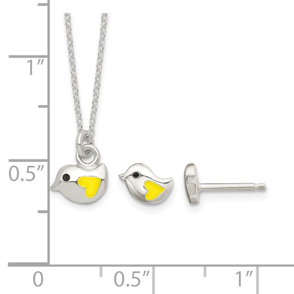 Sterling Silver Yellow Enamel Bird Necklace & Post Earrings Set