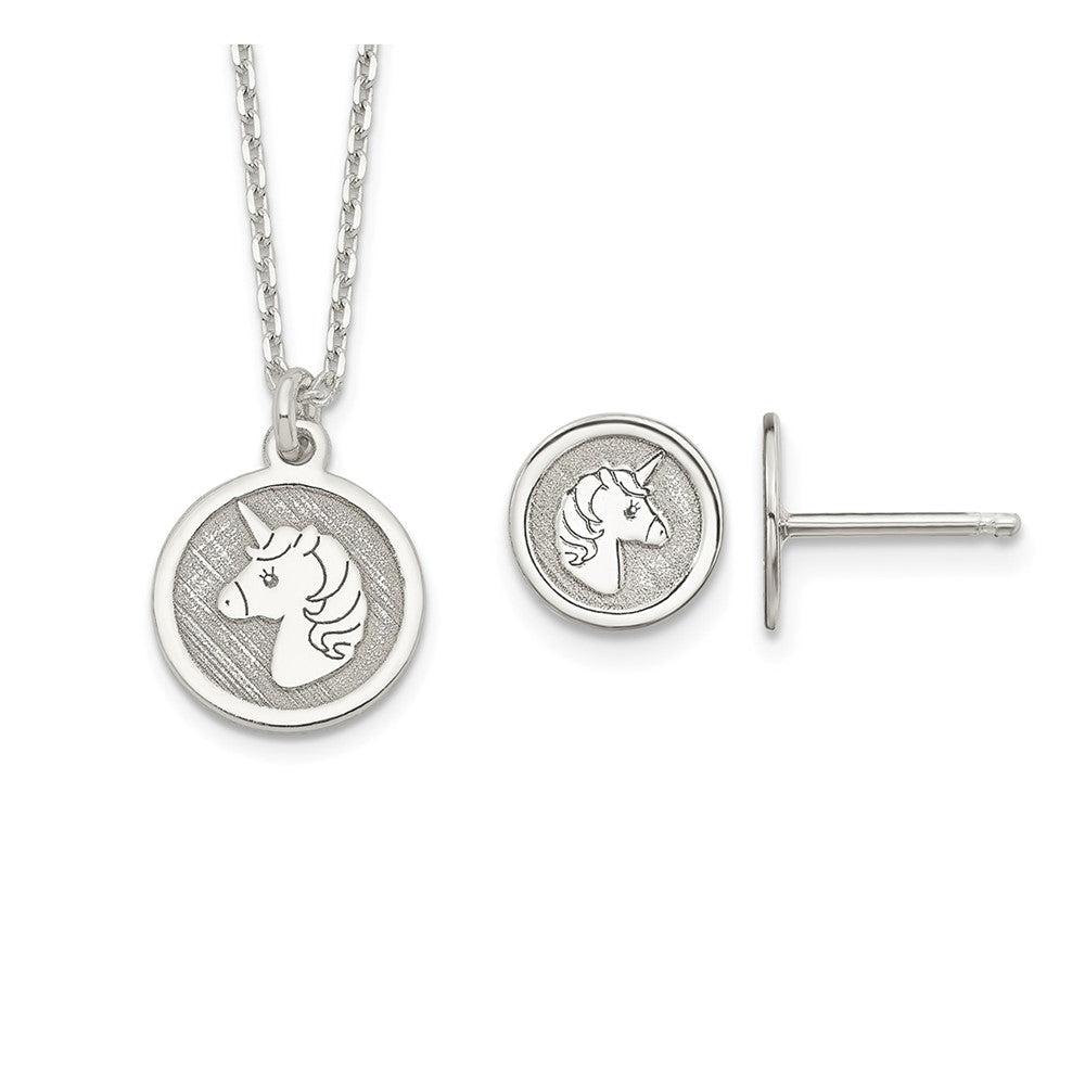 Sterling Silver Unicorn 14 Inch Necklace & Post Earrings Set