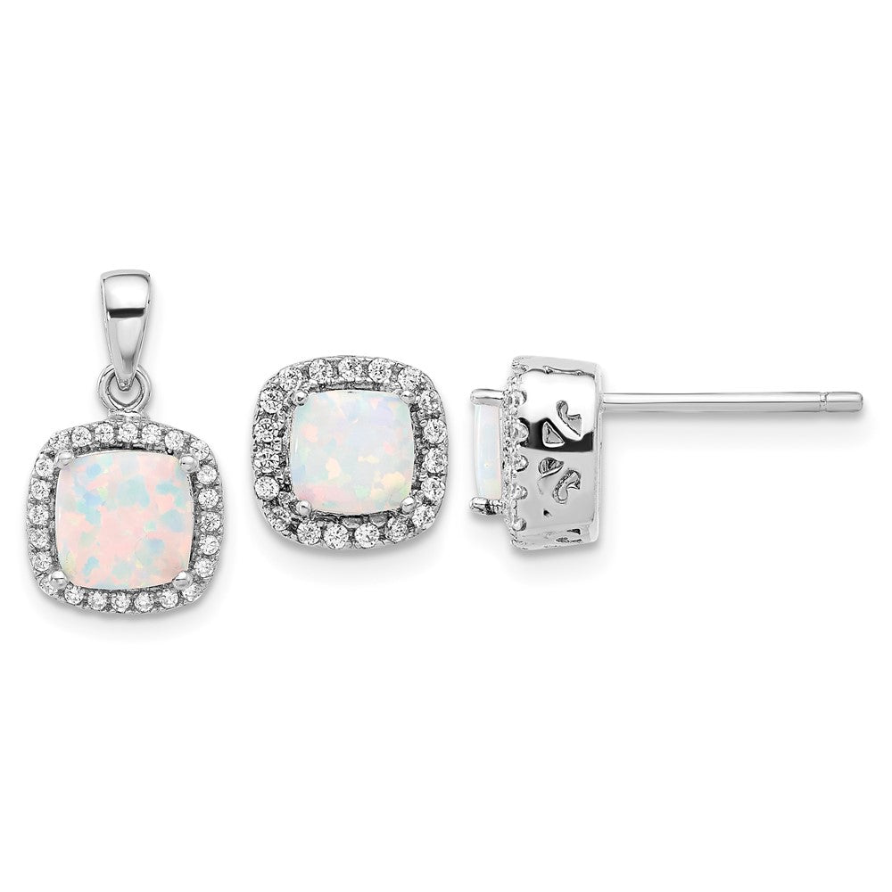 Sterling Silver Rh-plated CZ and Created Opal Halo Pendant and Earring Set