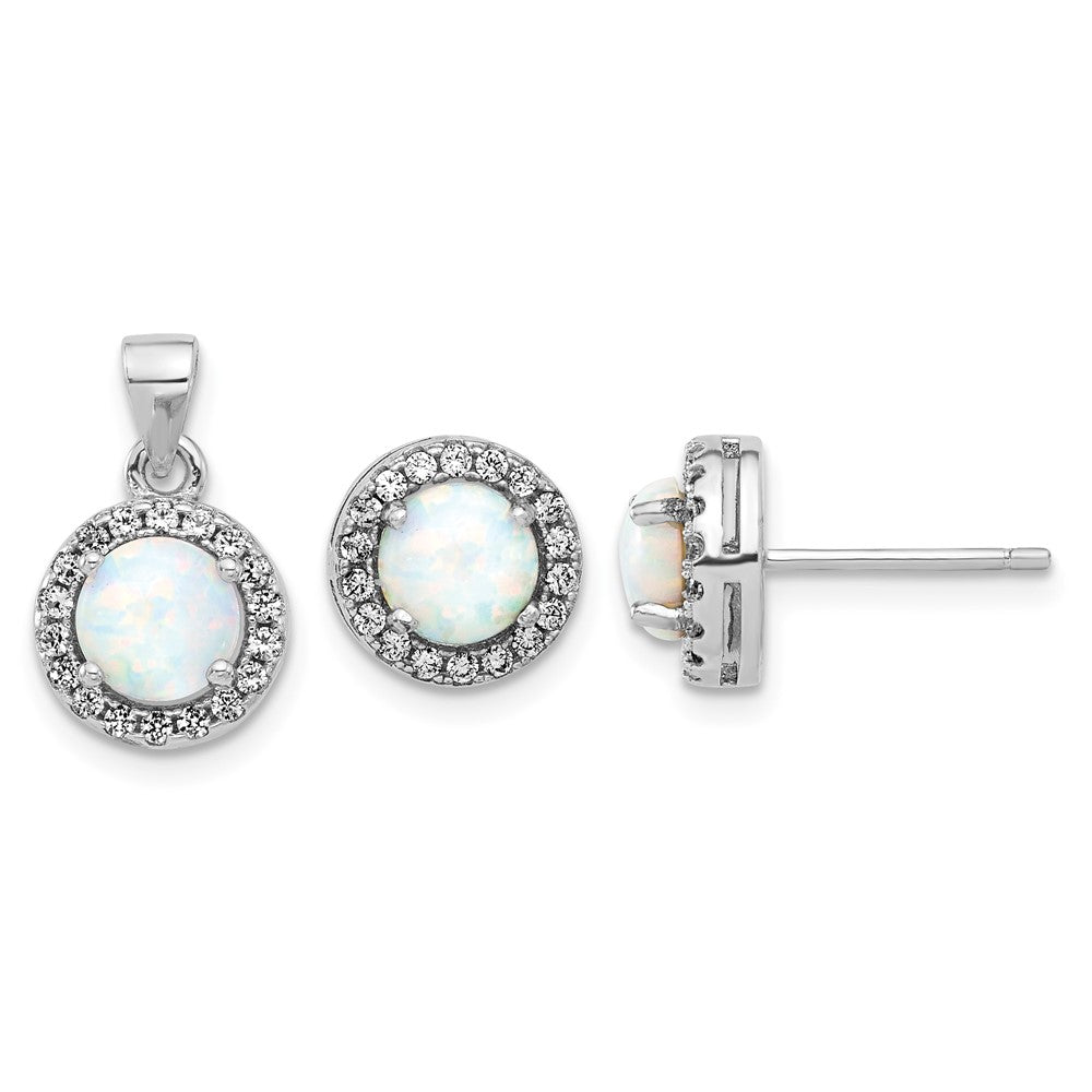 Sterling Silver Rh-plated CZ and Created Opal Halo Pendant and Earring Set