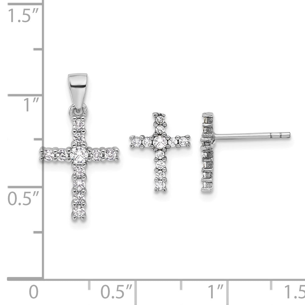 Sterling Silver Rhodium-plated CZ Cross Post Earrings and Pendant Set