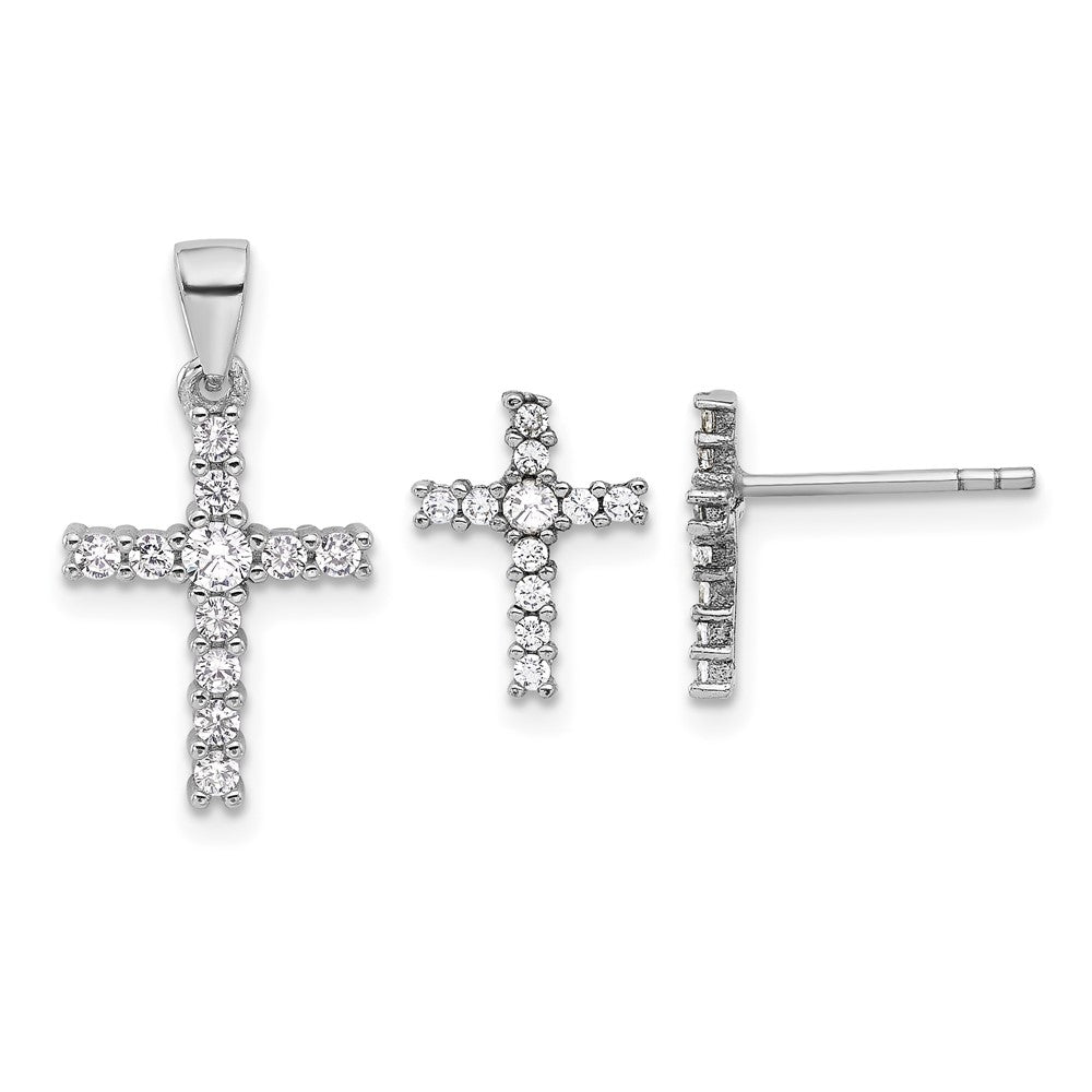 Sterling Silver Rhodium-plated CZ Cross Post Earrings and Pendant Set
