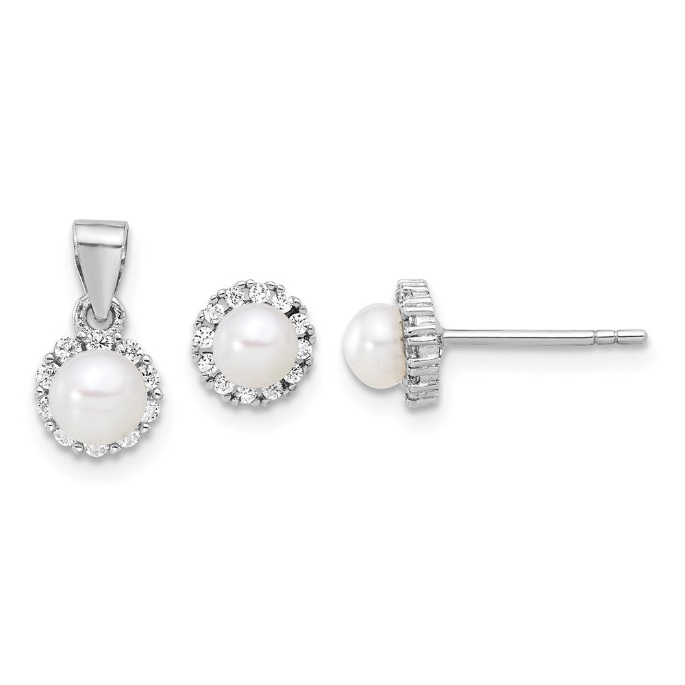 Sterling Silver Rh-plated 4-4.5mm FWC Pearl and CZ Earrings and Pendant Set