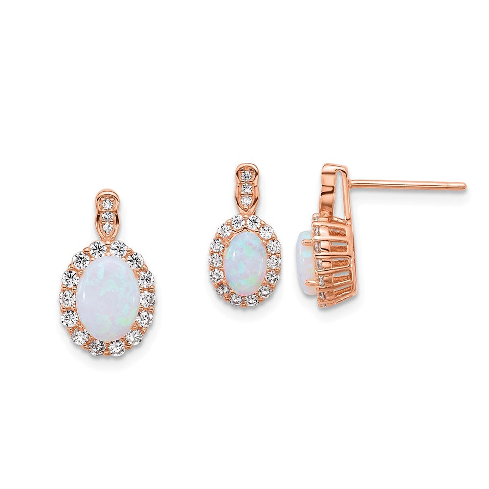 SS Rose-plated Polished Cr. Opal and CZ Post Earrings and Chain Slide Set