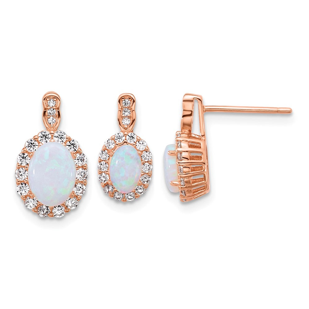 SS Rose-plated Polished Cr. Opal and CZ Post Earrings and Chain Slide Set