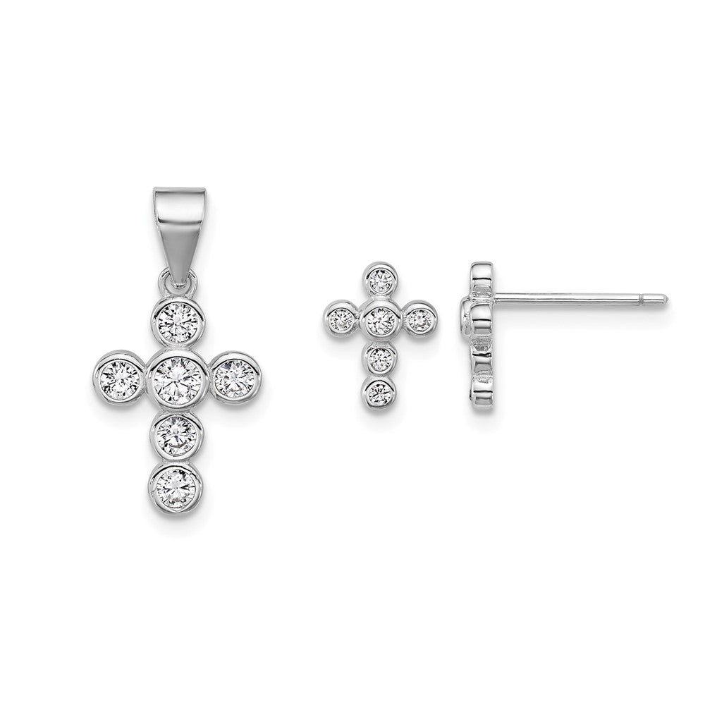 SS RH-plated Polished Bezel CZ Cross Post Earrings and Pendant Set