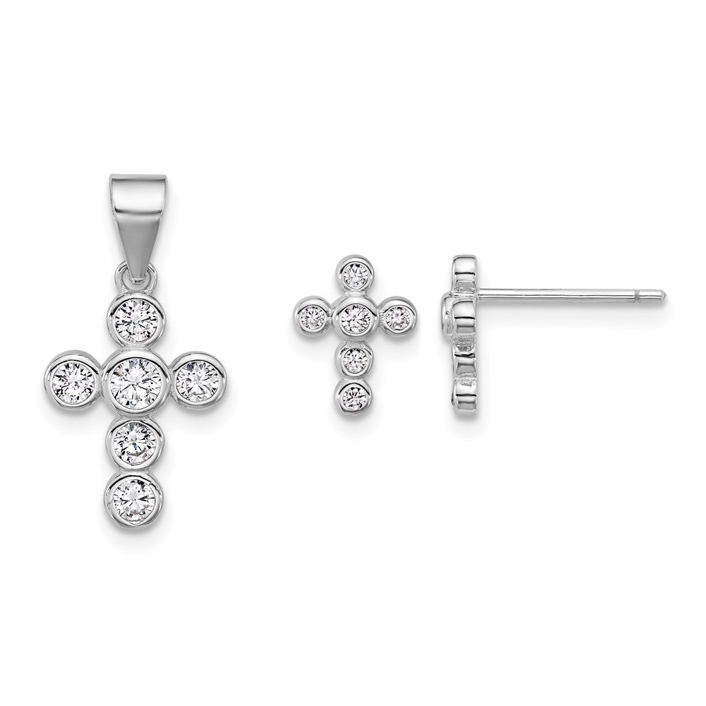 SS RH-plated Polished Bezel CZ Cross Post Earrings and Pendant Set