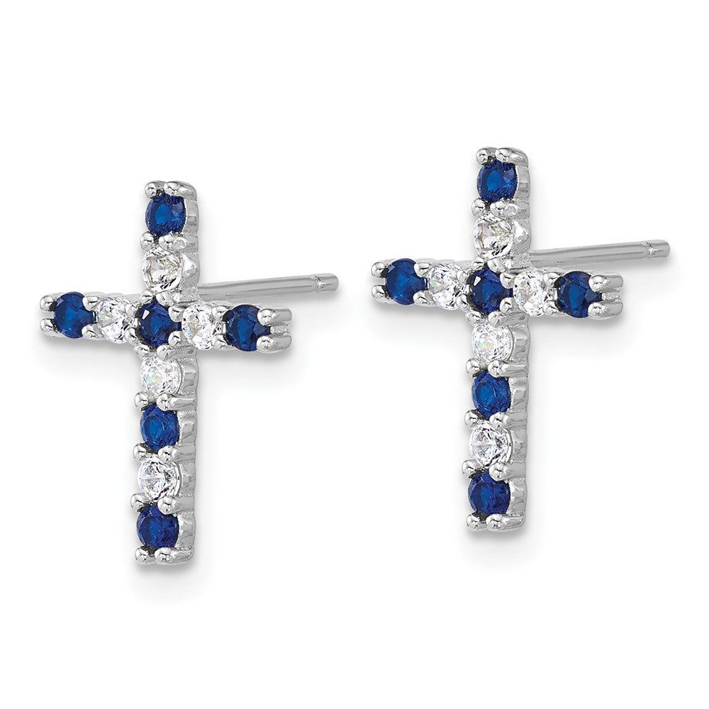 SS RH-plated Blue and White CZ Cross Post Earrings and Chain Slide Set