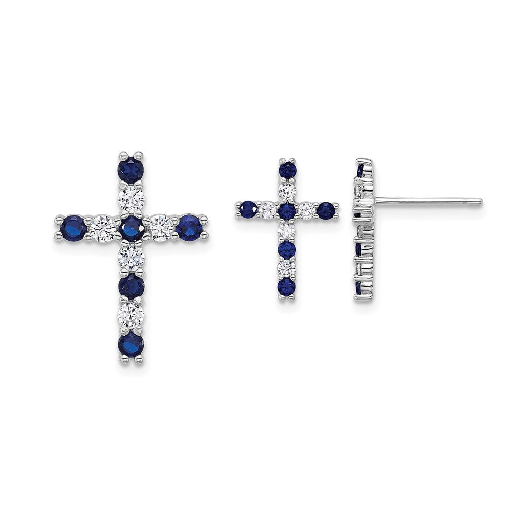 SS RH-plated Blue and White CZ Cross Post Earrings and Chain Slide Set