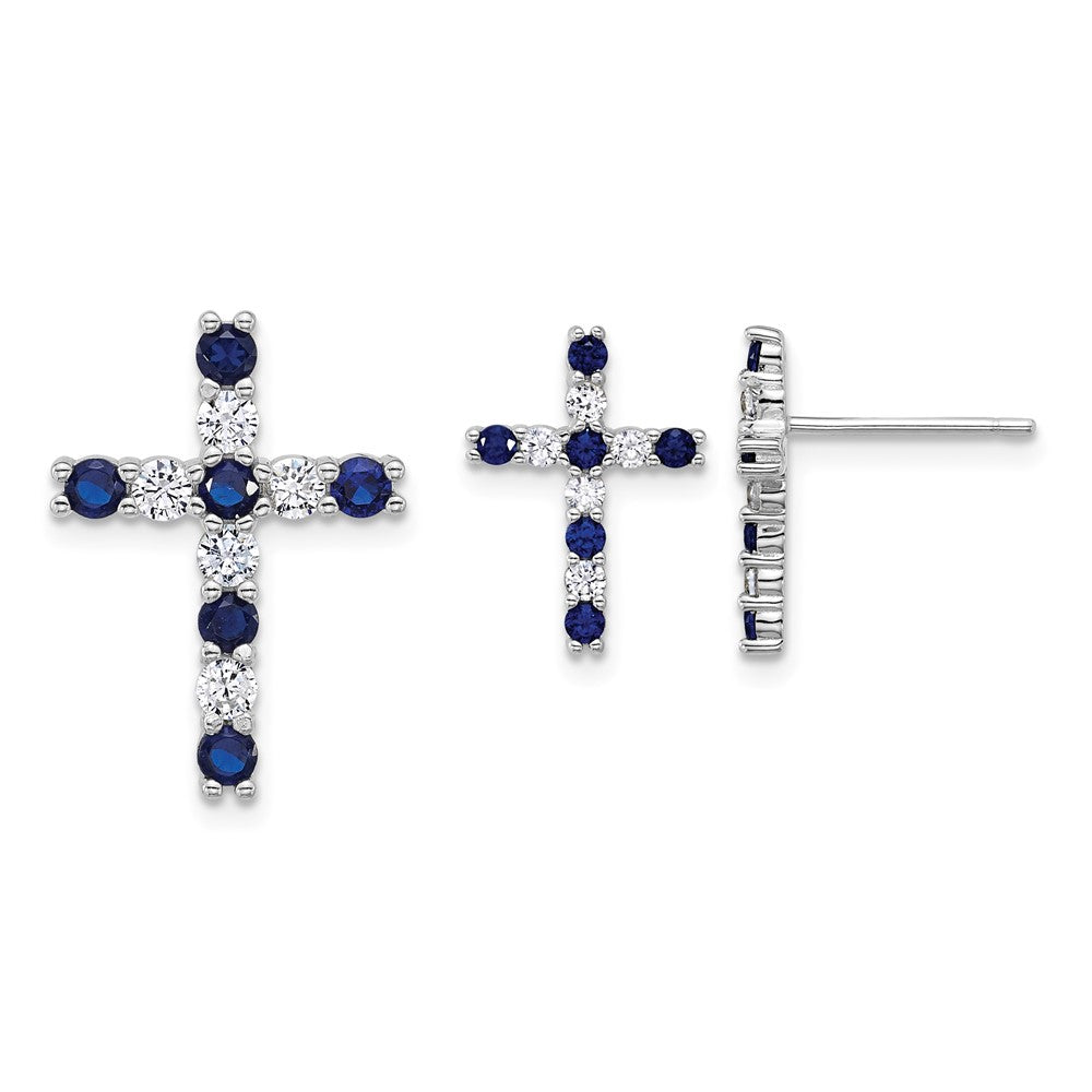 SS RH-plated Blue and White CZ Cross Post Earrings and Chain Slide Set