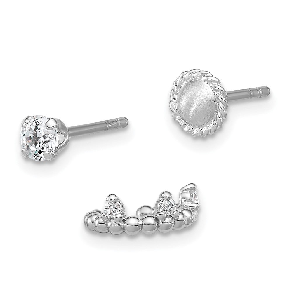 SS RH-pltd Textured CZ Stud/Circle/Ear Cuff Set of 3 Single Earring Set