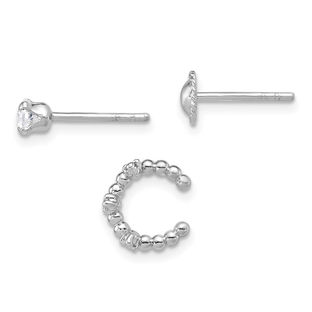 SS RH-pltd Textured CZ Stud/Circle/Ear Cuff Set of 3 Single Earring Set