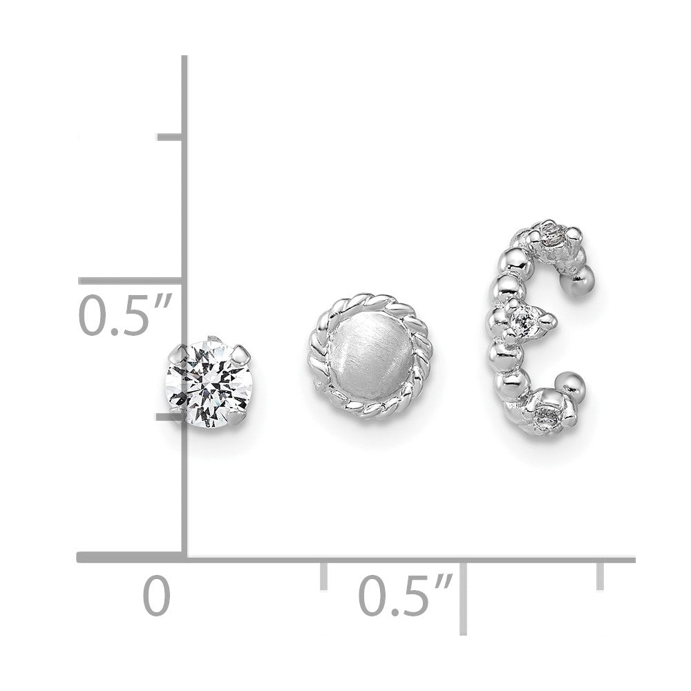 SS RH-pltd Textured CZ Stud/Circle/Ear Cuff Set of 3 Single Earring Set