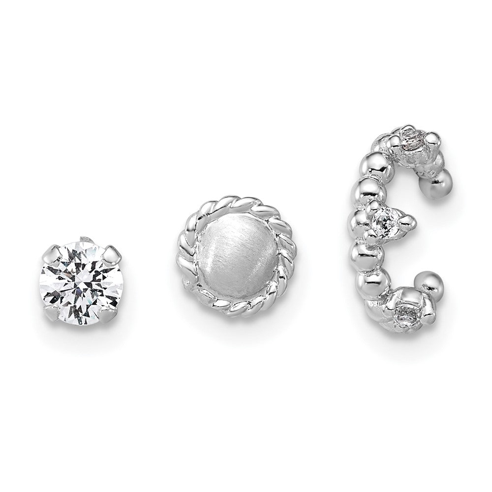 SS RH-pltd Textured CZ Stud/Circle/Ear Cuff Set of 3 Single Earring Set