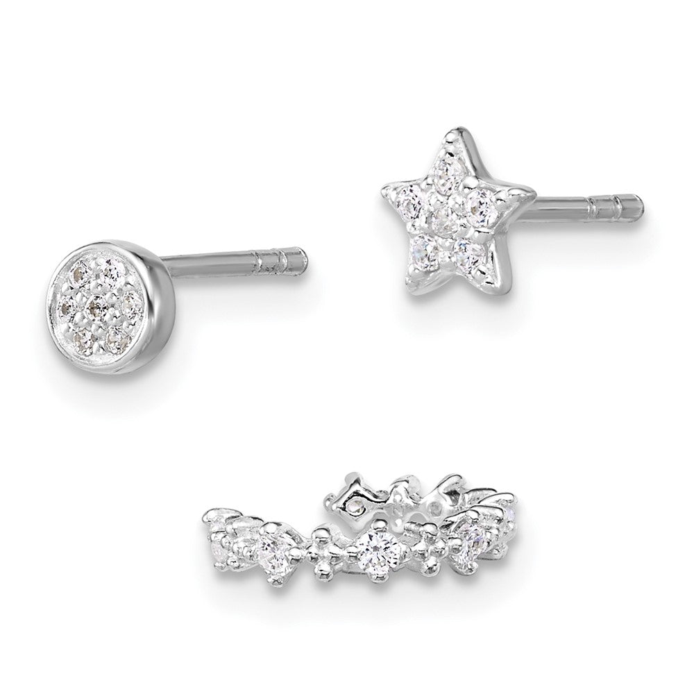 SS RH-pltd Polished CZ Star Circle and Ear Cuff Set of 3 Single Earring Set