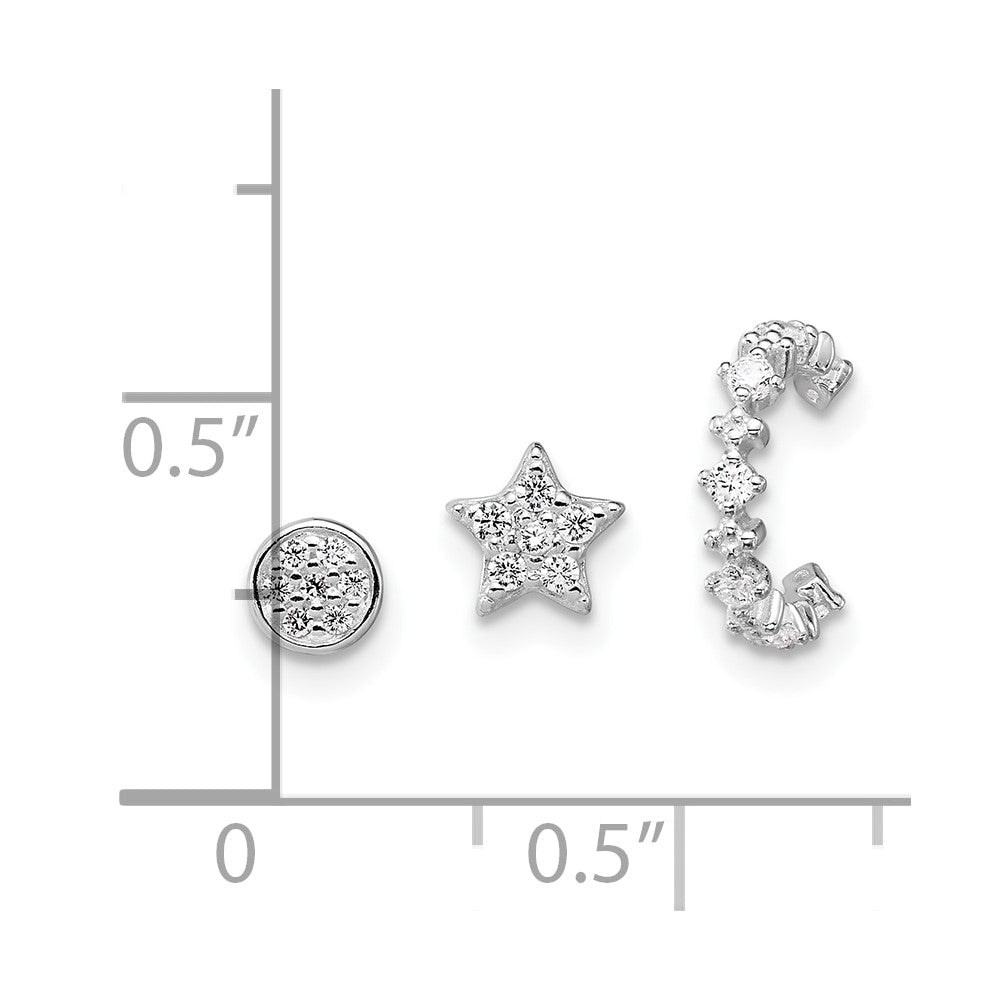 SS RH-pltd Polished CZ Star Circle and Ear Cuff Set of 3 Single Earring Set