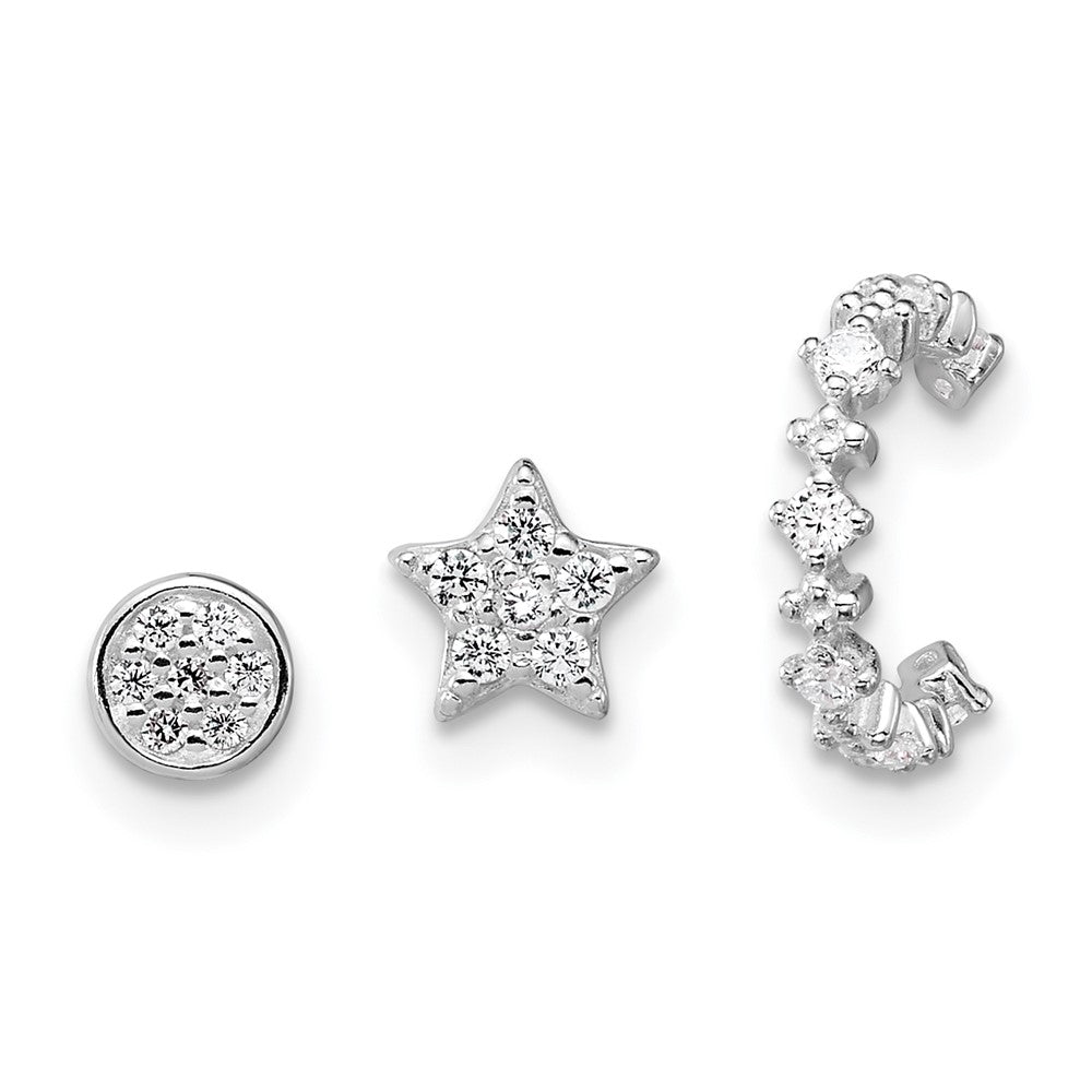 SS RH-pltd Polished CZ Star Circle and Ear Cuff Set of 3 Single Earring Set
