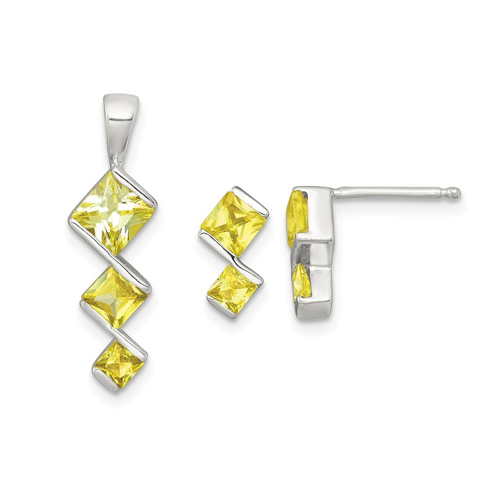Sterling Silver Yellow CZ Pendant and Post Earring Set