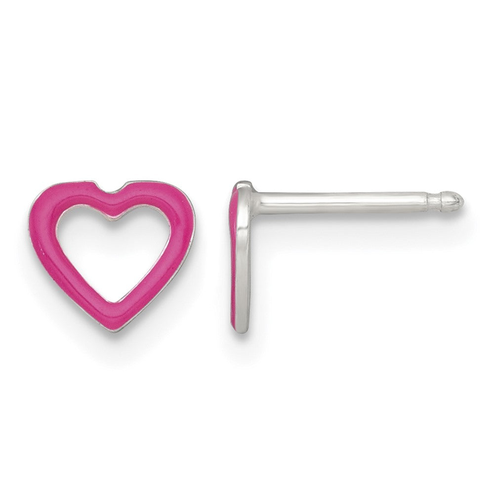 SS Polished Pink Enameled Heart Post Youth Earring and Necklace Set