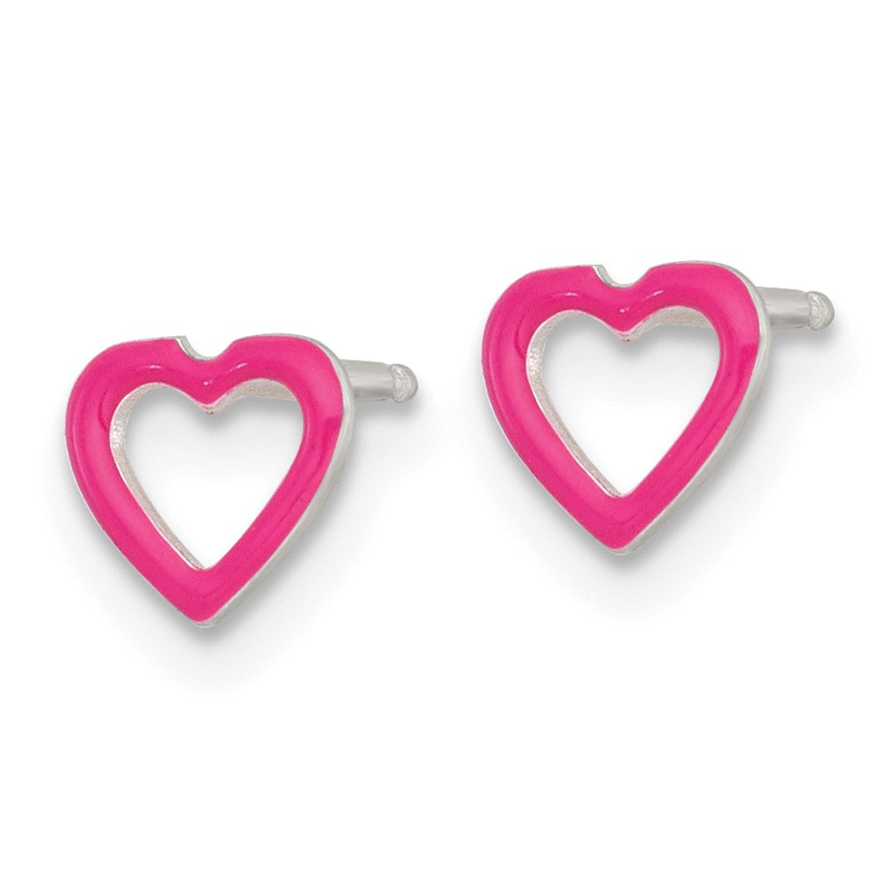 SS Polished Pink Enameled Heart Post Youth Earring and Necklace Set
