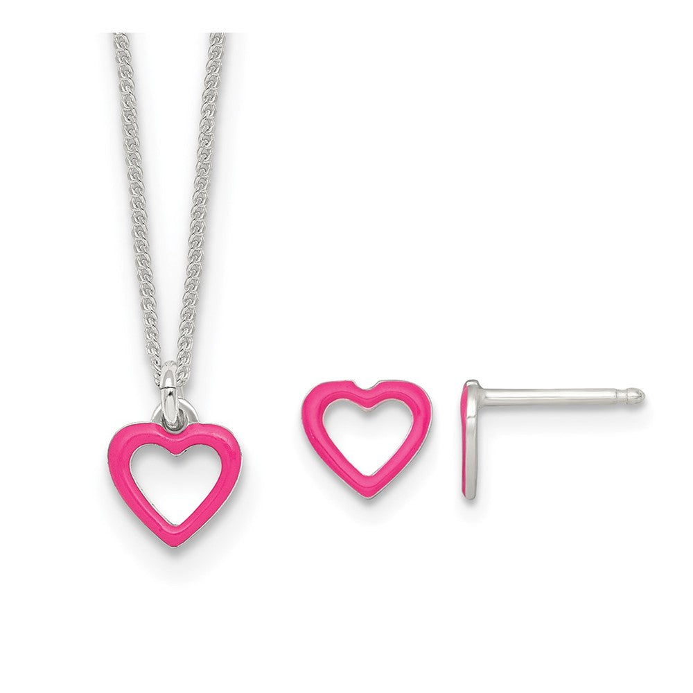 SS Polished Pink Enameled Heart Post Youth Earring and Necklace Set
