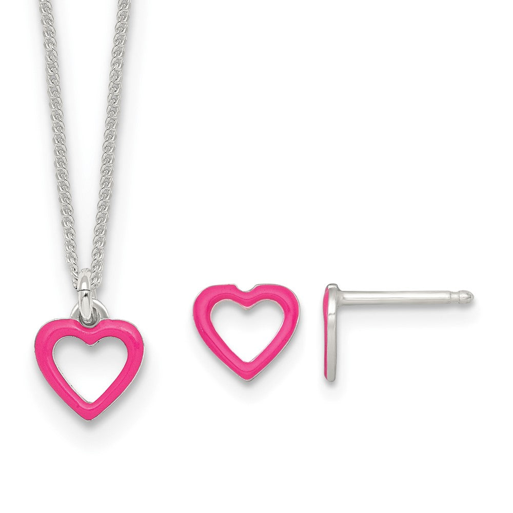 SS Polished Pink Enameled Heart Post Youth Earring and Necklace Set