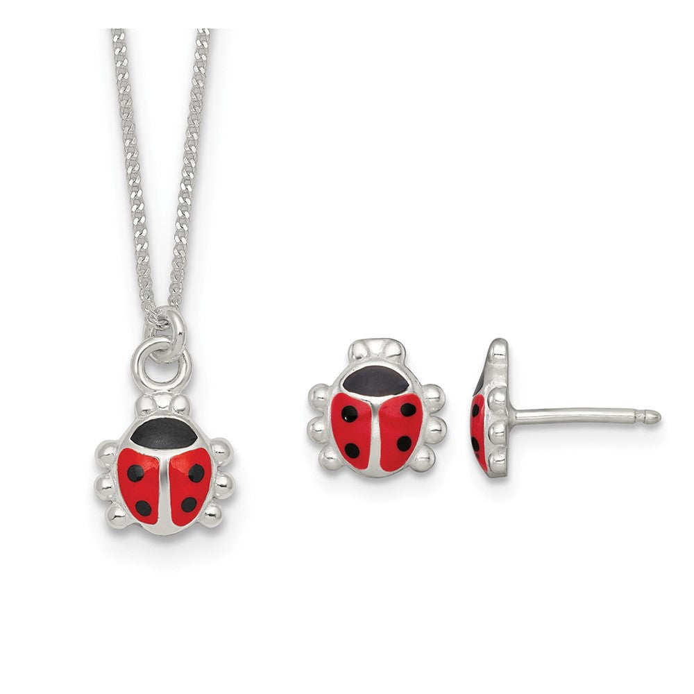 Sterling Silver Enameled Lady Bug Earrings and Necklace Set