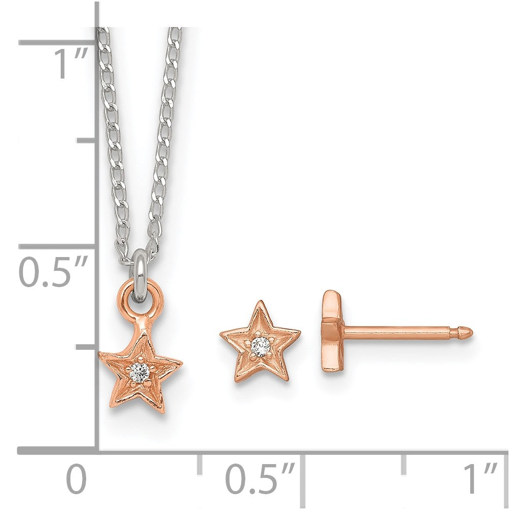 Sterling Silver Rose-tone CZ Star Children's Post Earring and Necklace Set