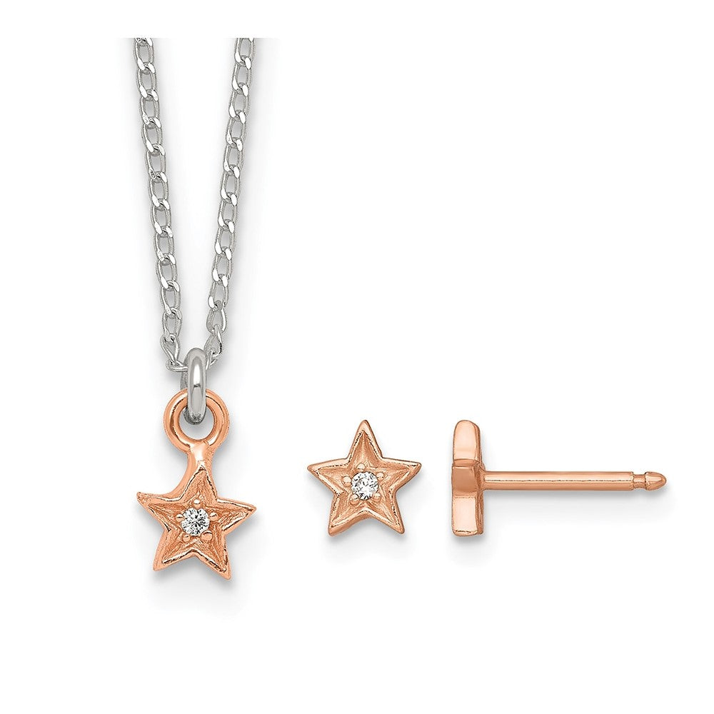 Sterling Silver Rose Gold-pltd Star w/CZ Earring and 14 Inch Necklace Set