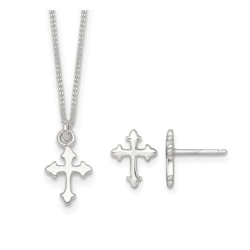 Sterling Silver Polished Cross 14 Inch Necklace and Earring Set