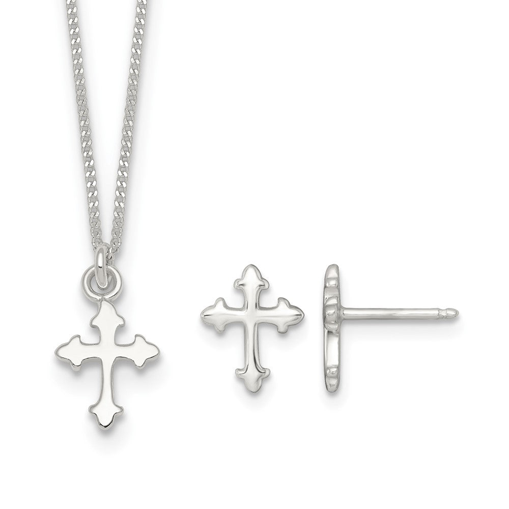 Sterling Silver Polished Cross 14 Inch Necklace and Earring Set