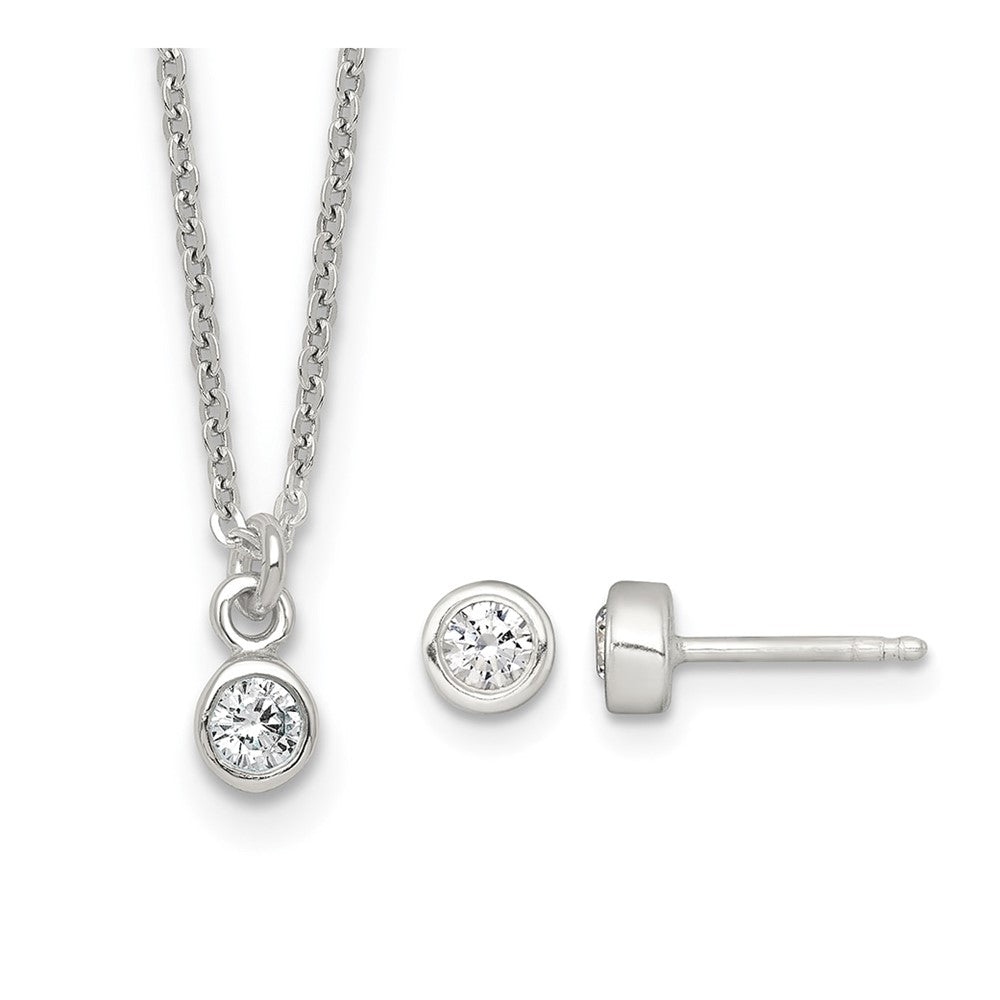 Sterling Silver Bezel CZ Necklace and Stud Earrings Set