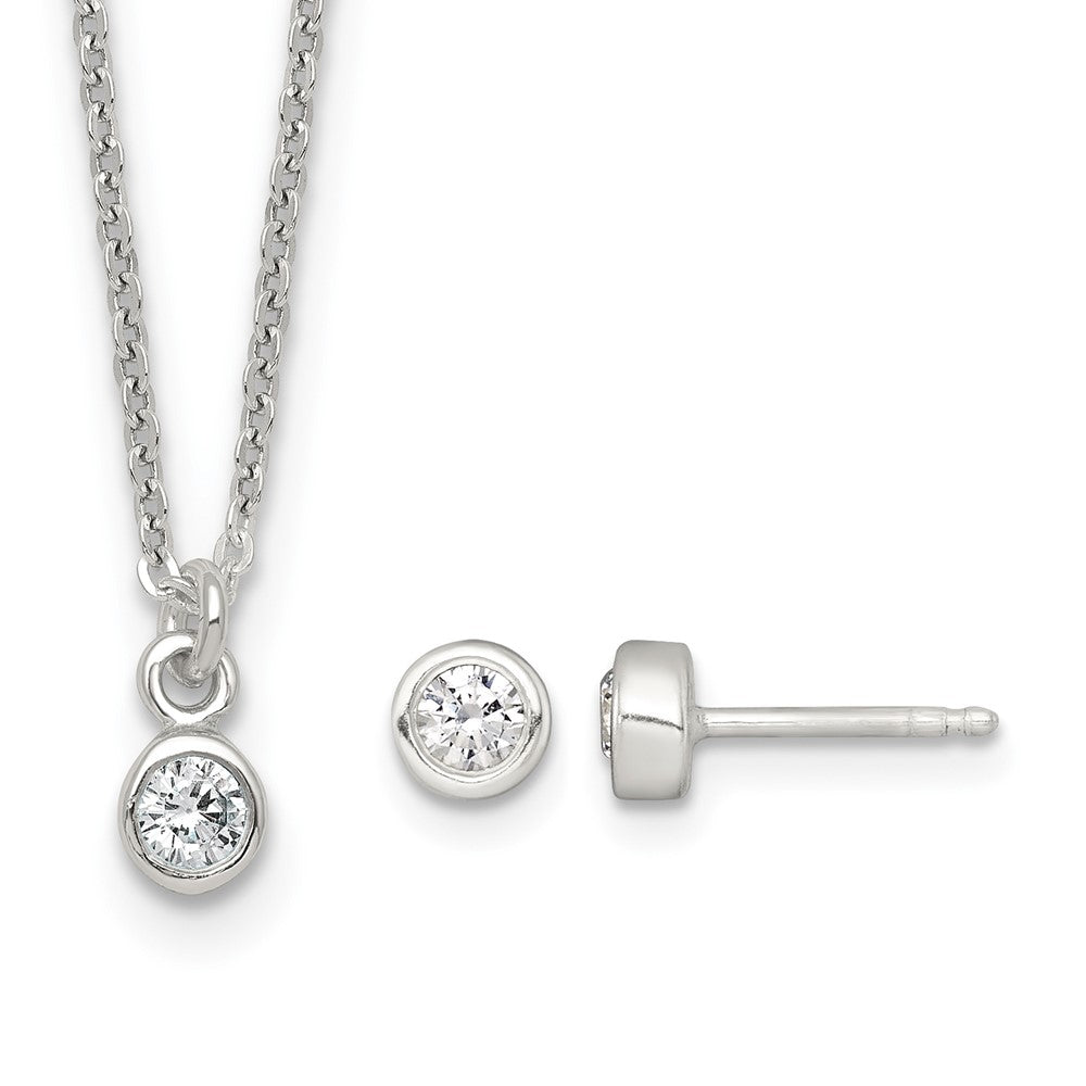 Sterling Silver Bezel CZ Necklace and Stud Earrings Set