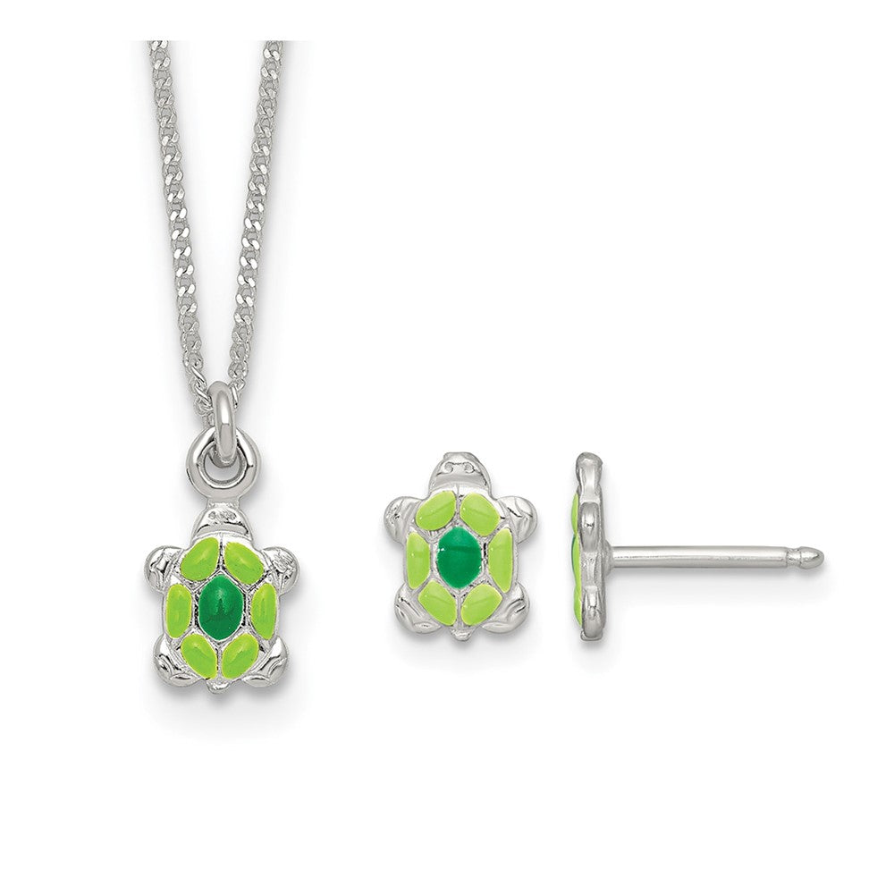 SS Polished Enameled Turtle 14 Inch Necklace and Post Earring Set