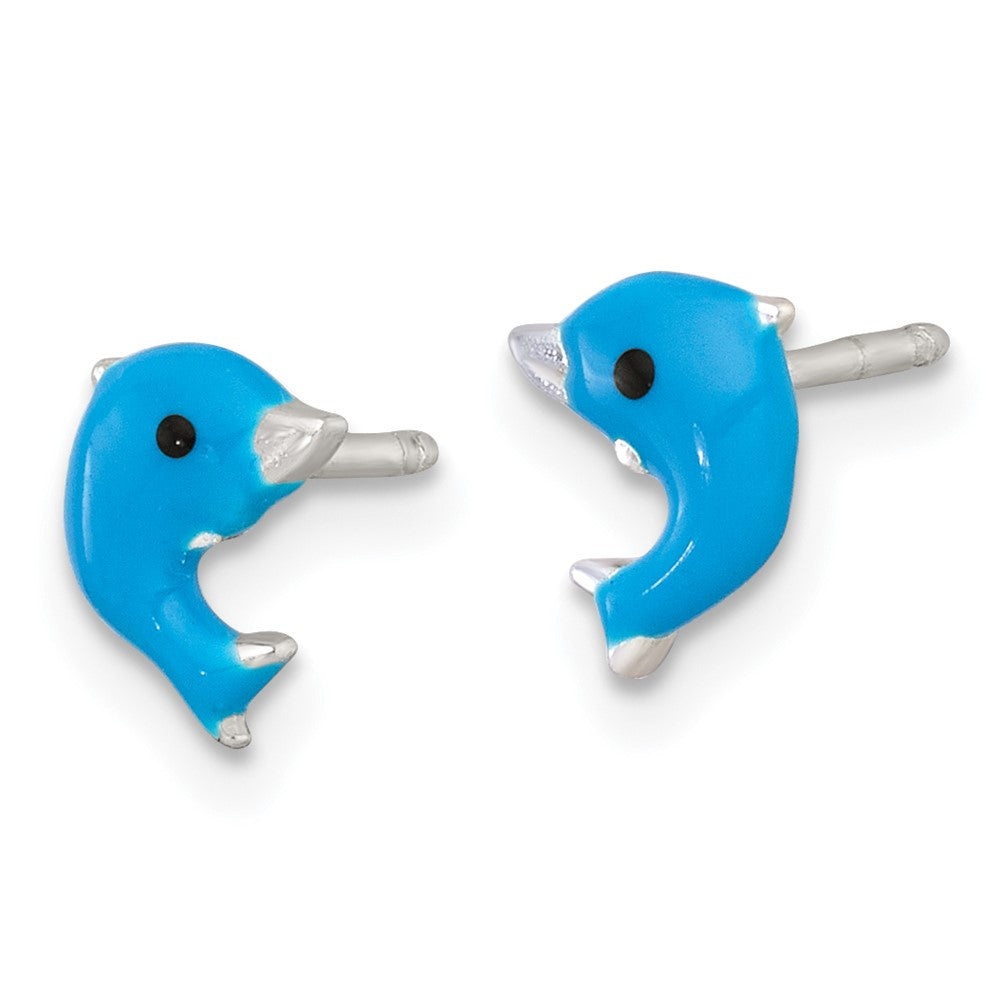 SS Polished Enameled Dolphin 14 Inch Necklace and Post Earrings Set
