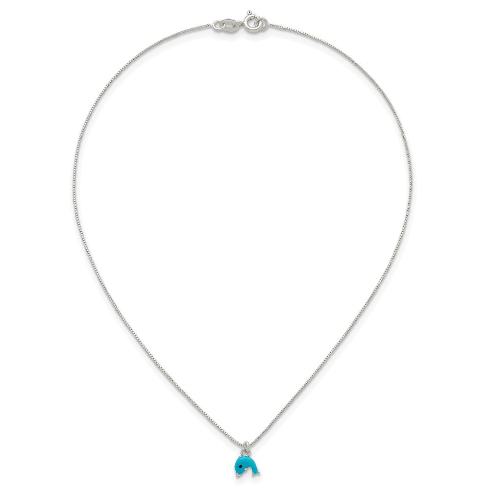 SS Polished Enameled Dolphin 14 Inch Necklace and Post Earrings Set
