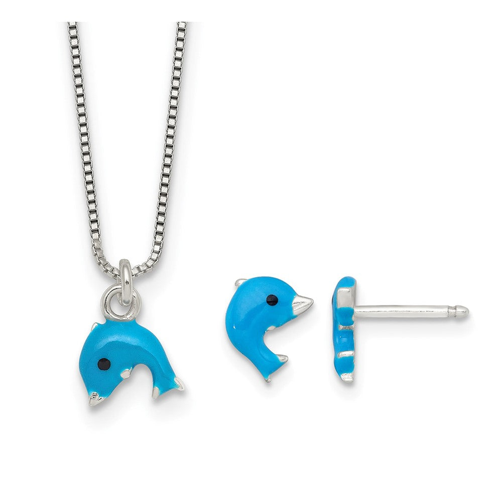 SS Polished Enameled Dolphin 14 Inch Necklace and Post Earrings Set