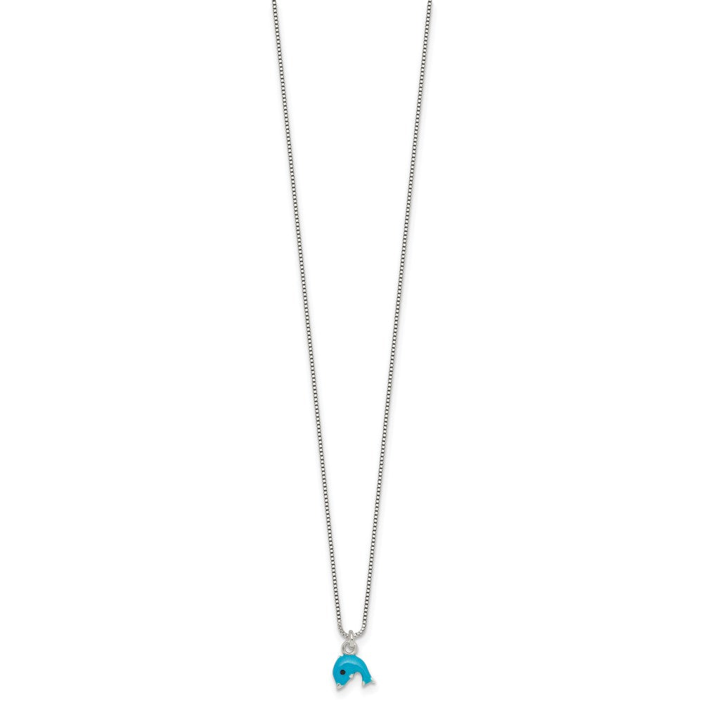 SS Polished Enameled Dolphin 14 Inch Necklace and Post Earrings Set