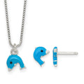SS Polished Enameled Dolphin 14 Inch Necklace and Post Earrings Set