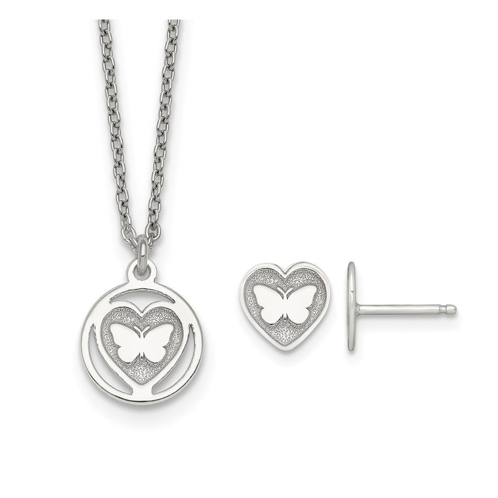 Sterling Silver Butterfly Heart Post Earring and Necklace Set