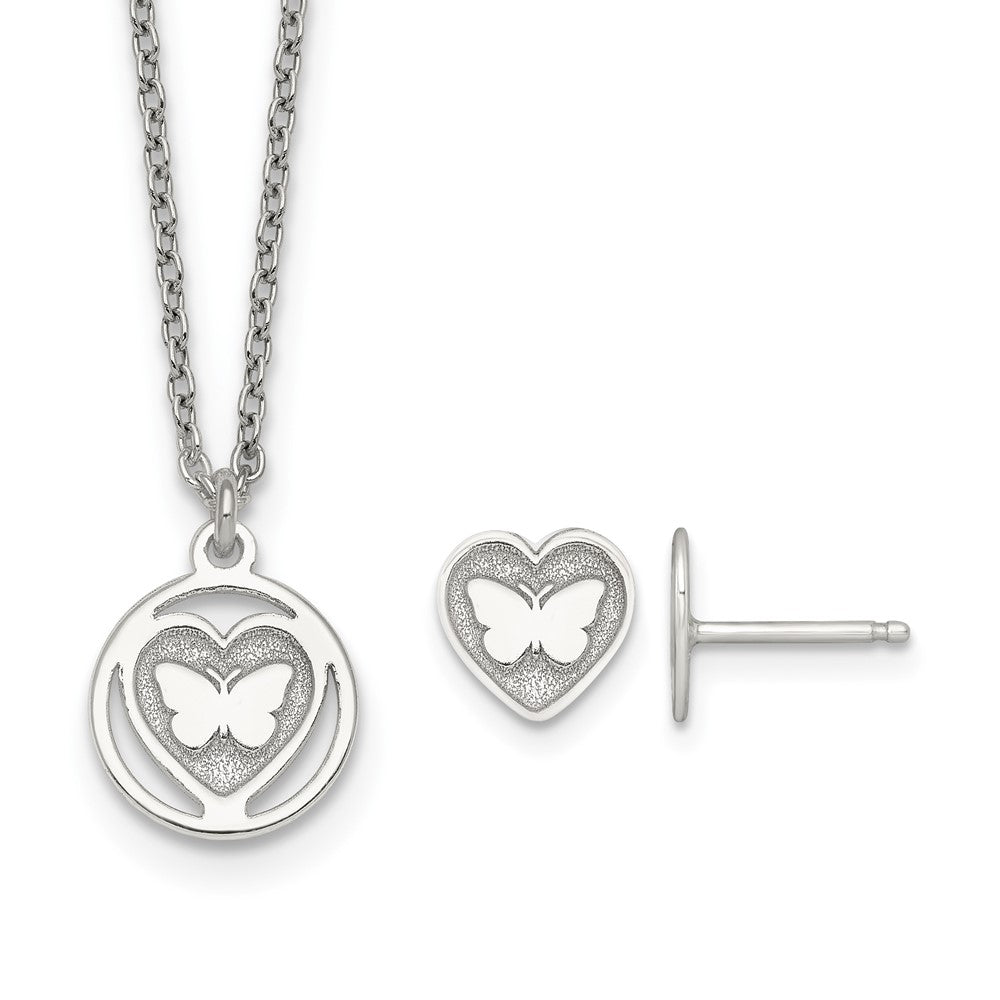 Sterling Silver Butterfly Heart Post Earring and Necklace Set