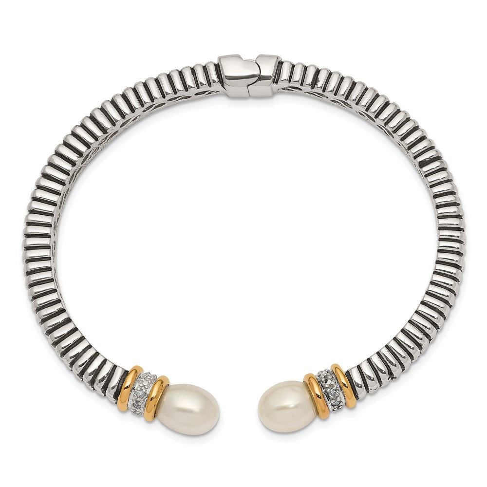 Sterling Silver Antiqued w/14k FW Cultured Pearl/Diamond Cuff Bracelet