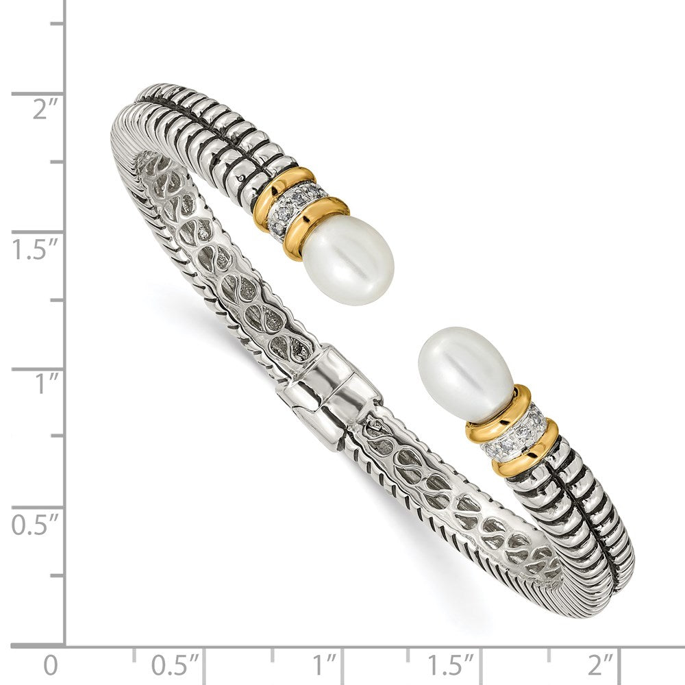Sterling Silver Antiqued w/14k FW Cultured Pearl/Diamond Cuff Bracelet