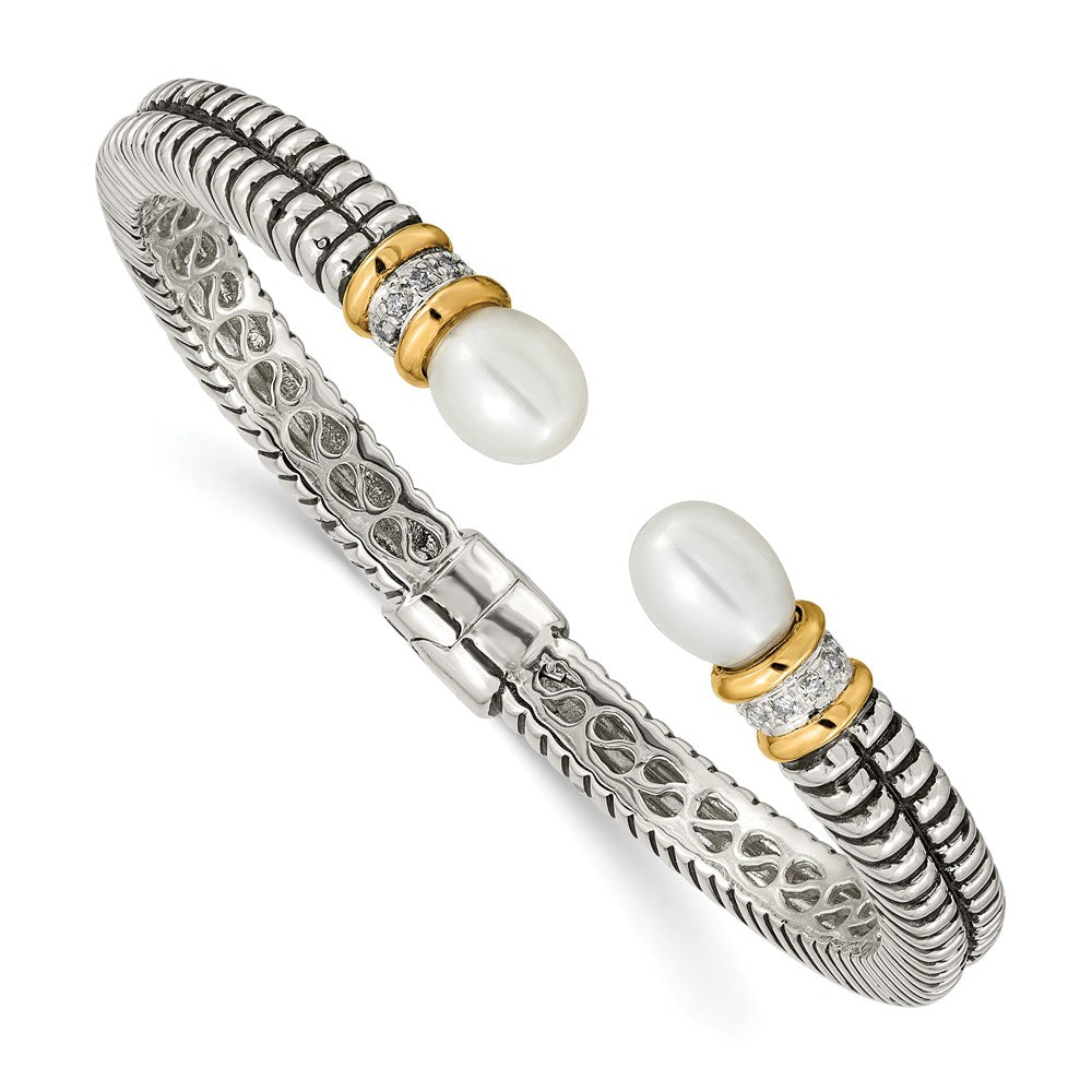 Sterling Silver Antiqued w/14k FW Cultured Pearl/Diamond Cuff Bracelet