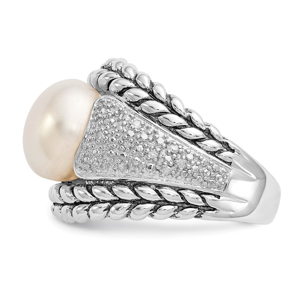 Sterling Silver Antiqued FW Cultured Pearl & Diamond Ring