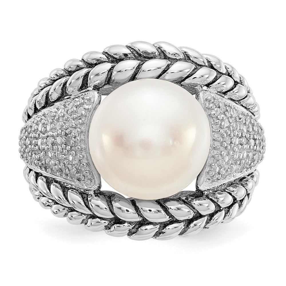 Sterling Silver Antiqued FW Cultured Pearl & Diamond Ring